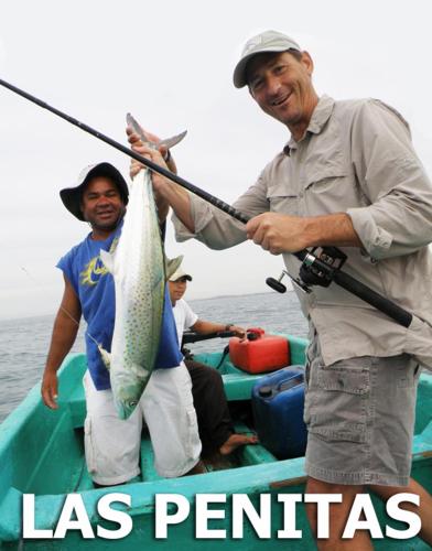 two men on a boat holding a fish at Playa Roca Beach Hotel in Las Peñitas