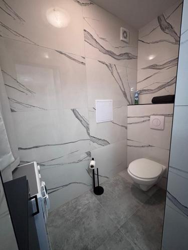 a bathroom with a toilet and a marble wall at Top výhľad !-Apartmán 10-Nová Lesná in Nová Lesná