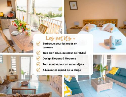 a collage of photos of a room with a bed and a balcony at Anse Caraïbes Appartement in Les Trois-Îlets