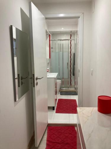 a bathroom with a shower and a toilet and a sink at Casinha da Avenida in Minde