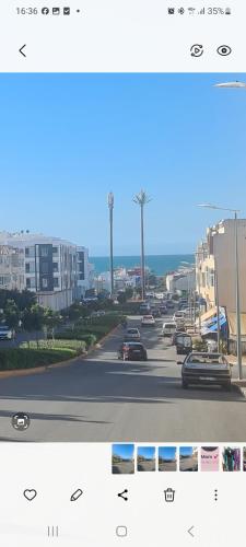 two photographs of a street with cars on the road at Belle maison à Harhoura proche de la plage in Rabat