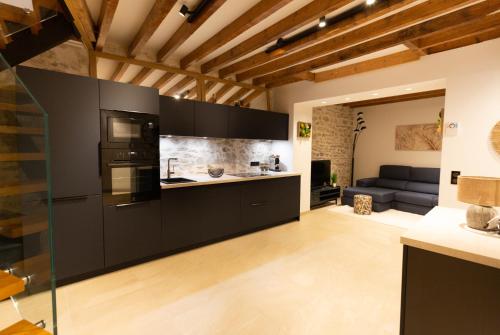 a kitchen with black cabinets and a living room at Hôtel Léonard de Vinci II in Paris