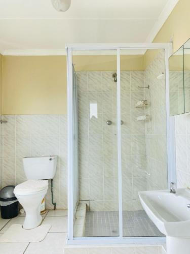 a bathroom with a shower and a toilet and a sink at 09 Windsor Place in Margate