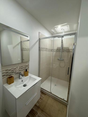 une salle de bain blanche avec une douche et un lavabo dans l'établissement Studio hyper centre le Cosy, à Niort