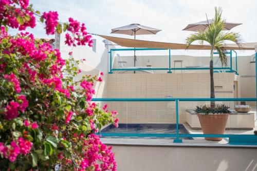a villa with a swimming pool and pink flowers at Posada La Fe in Cartagena de Indias