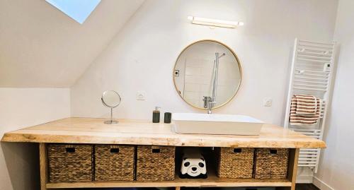 a bathroom with a sink and a mirror at Gîte de France La maroussie 3 épis - Gîte de France 11 personnes MAE-5091 in Salon-la-Tour