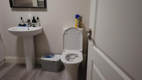a bathroom with a white toilet and a sink at UNESCO Drogheda 3 Bed in Drogheda