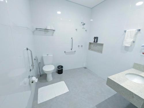 a white bathroom with a toilet and a sink at Hotel Jardim Iracema in Teófilo Otoni