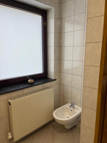 a bathroom with a sink and a toilet and a window at Bergblick Appartements in Bad Gastein