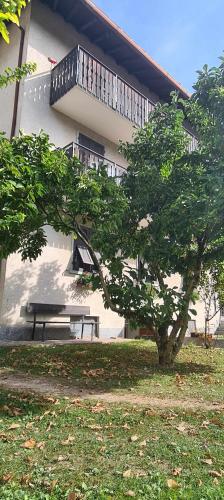 a park bench sitting in front of a building at Bioledro - Casa Lena in Mezzolago
