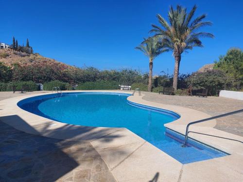 einen Pool mit blauem Wasser und Palmen in der Unterkunft Casa Mar y Carmen in Las Negras