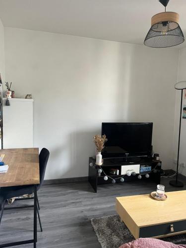 un salon avec une télévision à écran plat sur une table dans l'établissement Appartement T2 Montargis, à Montargis