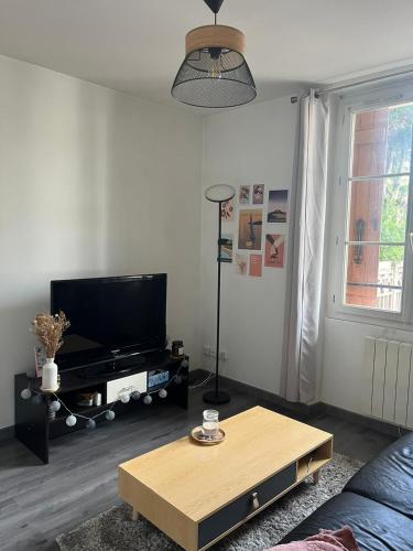 Il comprend un salon doté d'une télévision à écran plat et d'une table basse. dans l'établissement Appartement T2 Montargis, à Montargis