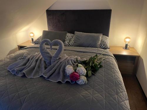 ホジツェにあるSG Apartmánový dům Hoŕiceの白鳥と花のベッド