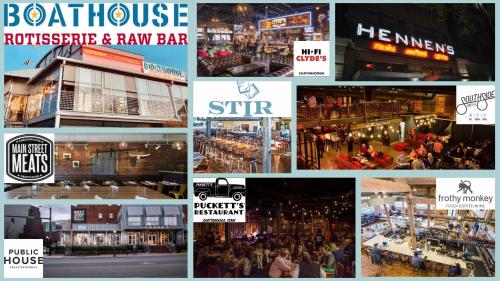 a collage of photos of a bar and venues at Menlo GA Tiny Home Experience in Rising Fawn