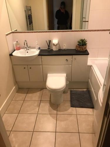 a bathroom with a toilet and a sink and a mirror at Lovely Furnished Apartment 2 in Carlisle