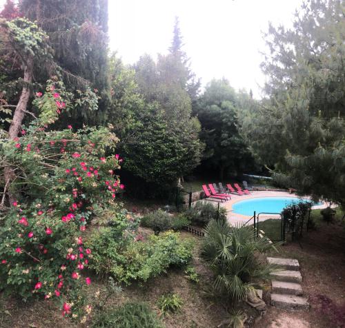 a swimming pool with red chairs and pink flowers at Le Chalet in Fanjeaux