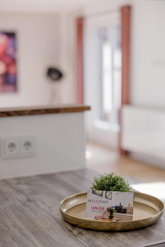 a small plant on a plate on a table at UNiQE I Luxuriöses 145qm Apartment in Feldafing