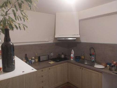 - une cuisine avec des placards blancs, un évier et une bouteille de vin dans l'établissement jolie maison charentaise, à Marennes