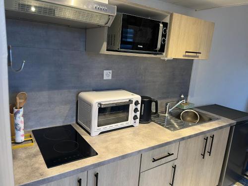 a kitchen counter with a microwave and a sink at Ouitreham Port & Mer in Ouistreham
