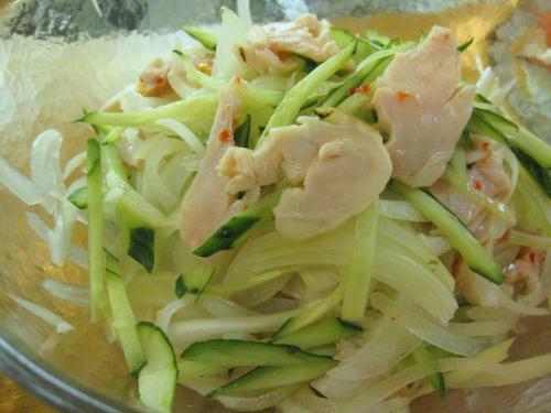 a glass bowl of food with shrimp and noodles at Toyohashi Station Hotel in Toyohashi