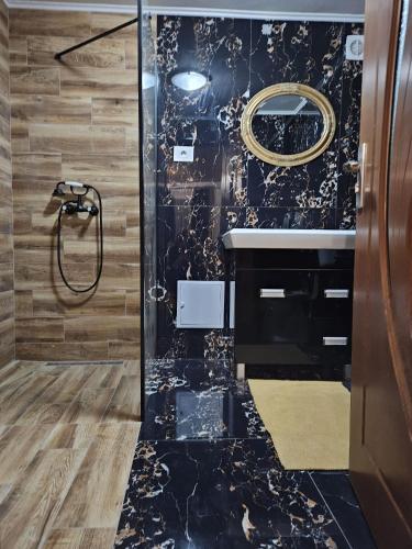 a bathroom with a shower and a sink at Cabana Cezar in Budureasa
