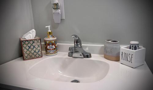 a bathroom counter with a white sink with a soap dispenser at Choo Choo Inn in Elkhart