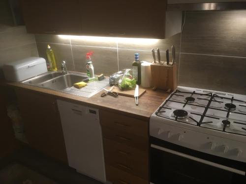 a kitchen counter with a stove and a sink at Boamark Sweden in Mörrum