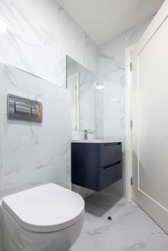 a white bathroom with a toilet and a sink at 2nd Floor Stylish 2-Bed Apartment in Drogheda
