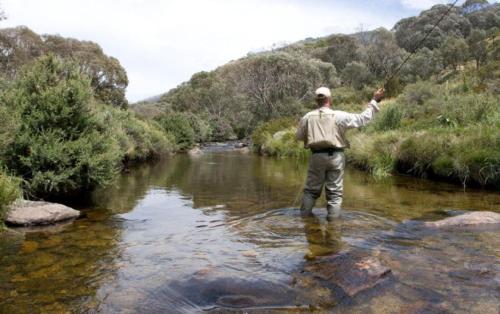 a man standing in a river holding a fishing rod at Sashas 2 in Thredbo