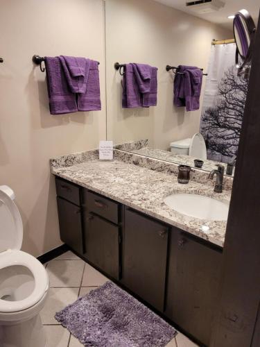 a bathroom with a sink and a toilet and purple towels at Little Womens Villa Condo 1 mile from Parkway in Gatlinburg