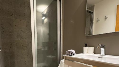 a bathroom with a shower and a sink and a toilet at MD Zamora Condesa in Mexico City