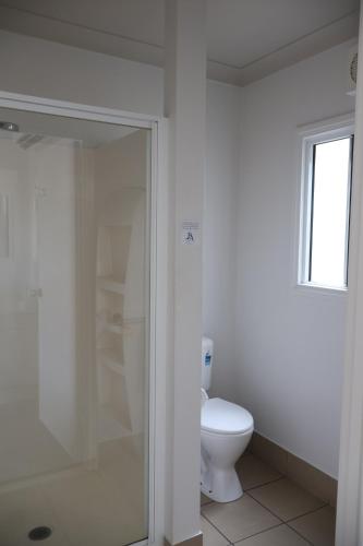 a bathroom with a toilet and a glass shower at Park Avenue Hotel Motel in Rockhampton