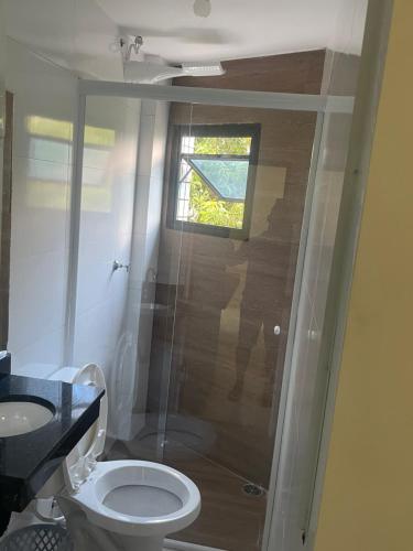 a bathroom with a shower with a toilet and a window at Hotel Patriarca in Sao Paulo