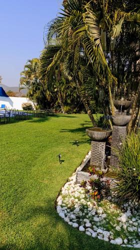 a garden with two vases and flowers in a yard at Hotel Iguanas in Yautepec