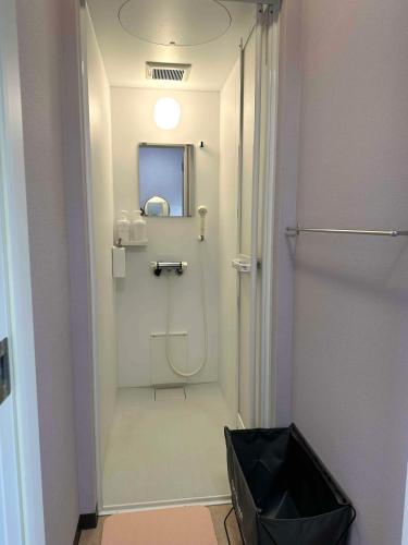 a small bathroom with a shower with a mirror at Star Forest Makino Glamping Villa in Takashima