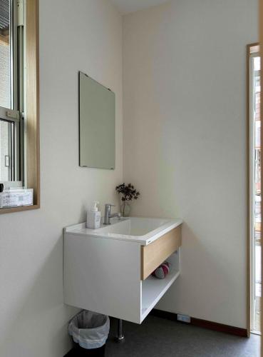 a bathroom with a white sink and a mirror at Star Forest Makino Glamping Villa in Takashima