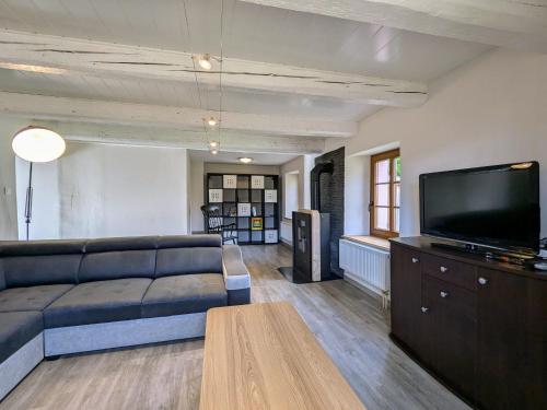 a living room with a couch and a flat screen tv at Gîte familial de caractère pour 10 pers, vue vallée, proche ski - FR-1-589-790 in Fraize