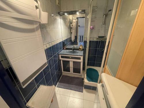 une petite salle de bain avec un lavabo et une douche dans l'établissement Studio Cabine avec Vue Piscine, Parking Privé - FR-1-328-274, à La Grande Motte