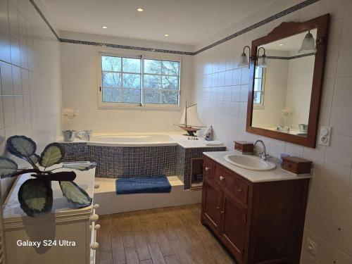 une salle de bain avec une baignoire, un lavabo et un miroir dans l'établissement Villa T6 en Ardèche avec Piscine et Animaux Acceptés - FR-1-382-220, à Saint Alban Auriolles