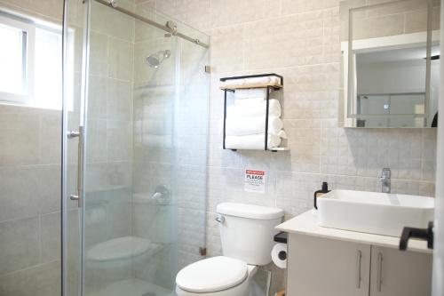 a bathroom with a shower and a toilet and a sink at Redhills Escape in Kingston