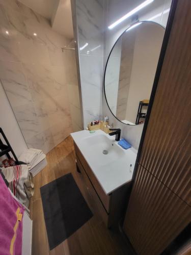 une salle de bain avec un lavabo blanc et un miroir dans l'établissement Studio Antigone, à Montpellier