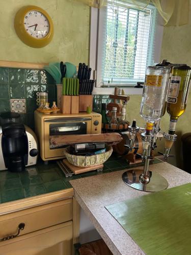 une cuisine avec un comptoir et une horloge murale dans l'établissement Artalens, à Artalens-Souin