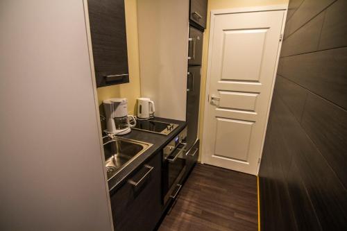 a small kitchen with a sink and a counter at Naapurivaaran Lomakeskus in Vuokatti