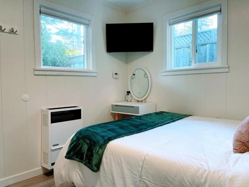 a bedroom with a bed and a mirror and a tv at Redwood Nook - 8 min walk to redwood state park in Felton