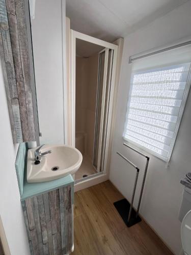 une salle de bain avec un lavabo et une douche dans l'établissement La Pinède Ensoleillée au Camping La Dune Blanche, à Camiers