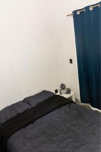 a bedroom with a bed with a blue curtain at Cabaña frente al mar in Coronel Esteban Cantú