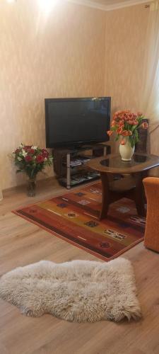 a living room with a television and a coffee table at NEW JÕHVI AREA DESIGN STUDIO APARTMENT,RENOVATED 2025, 5min JÕHVI Centre, 10min ALUTAGUSE,Pannjärve,Tartu maraton,30min Kiviõli slalom centre in Ahtme