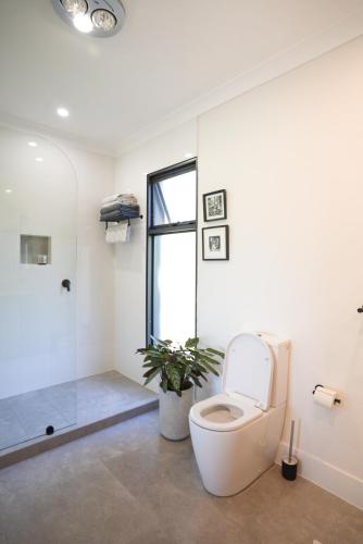 a bathroom with a toilet and a plant in it at Alluca Villa McLaren Vale Vineyard Escape in Blewitts Springs