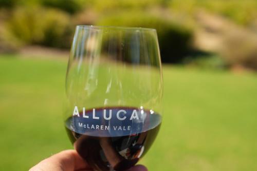 a person holding up a glass of wine at Alluca Villa McLaren Vale Vineyard Escape in Blewitts Springs